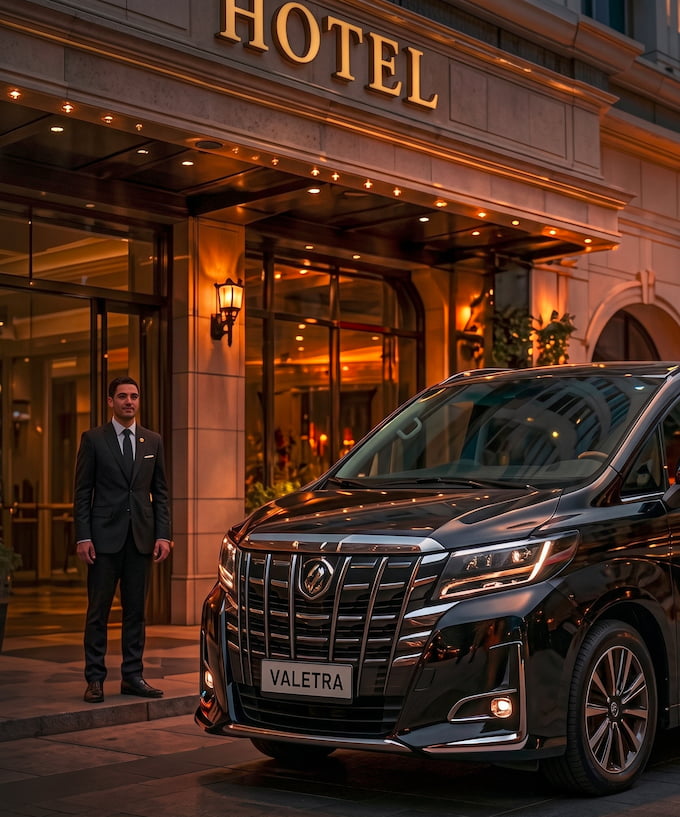 Valetra chauffeur and premium vehicle outside a hotel