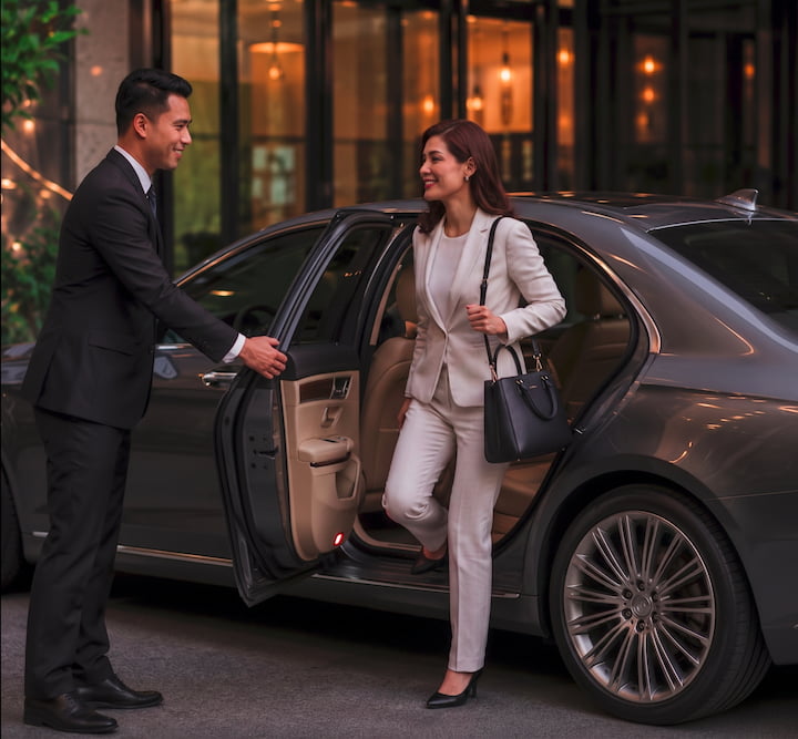 Valetra chauffeur assisting a hotel guest into a private vehicle